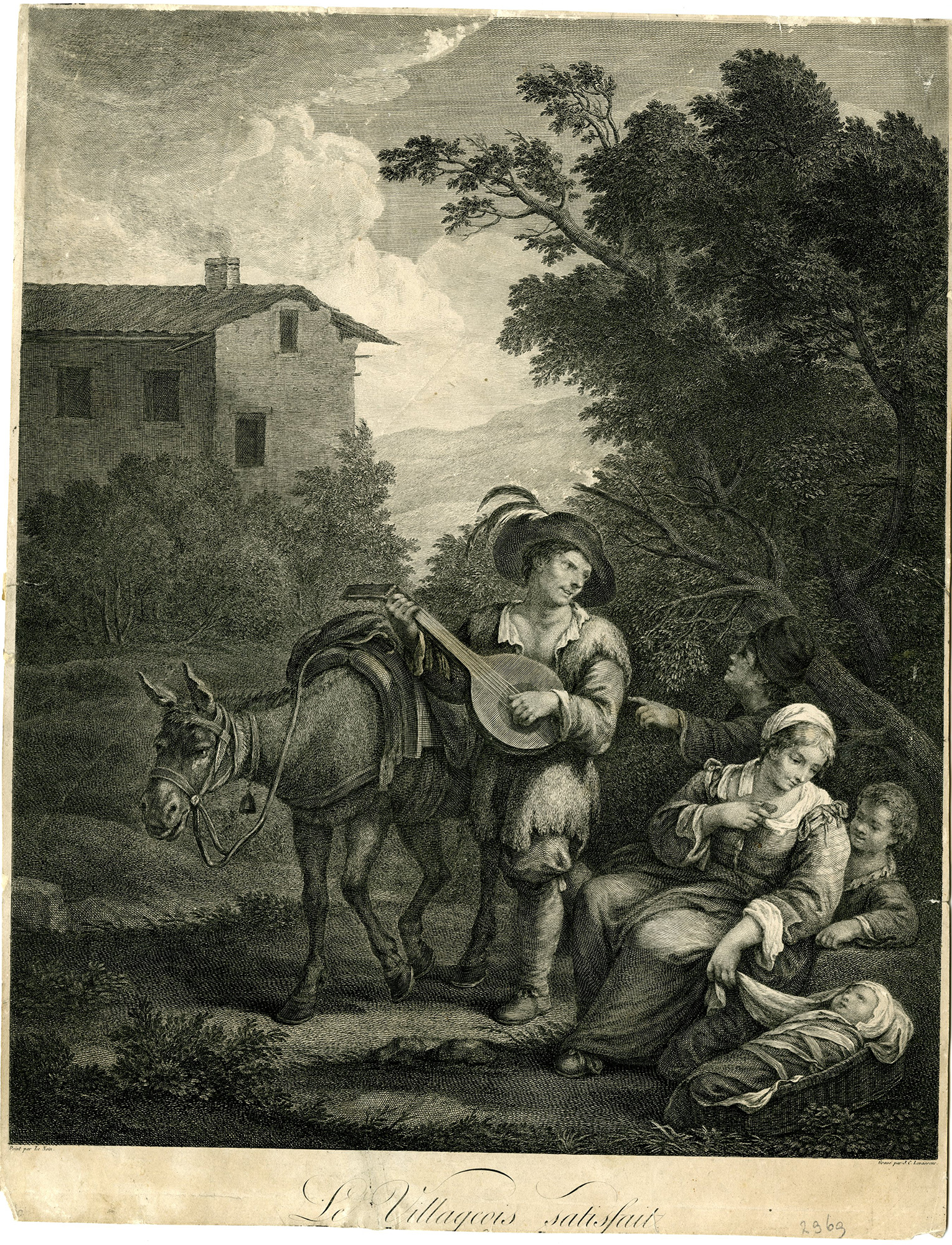 , Antique Master Print-VILLAGERS-LUTE-GENRE-SCENE-Le Vasseur-Le Nain-c.1760-1790, Pictura Antique Prints