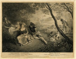 Antique Master Print-AMUSEMENTS-CHAMPETRES-PASTORAL-SCENE-Audran-Watteau-1735