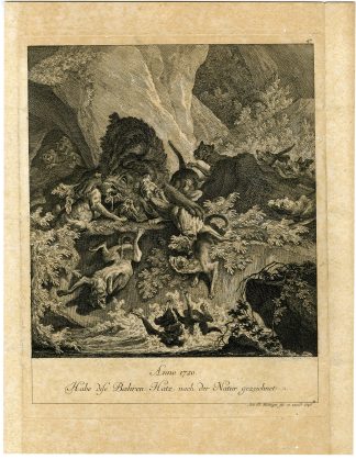 Antique Master Print-BEAR-HUNT-DOGS-Ridinger-1746