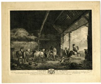 Antique Master Print-L-ECURIE-DE-LA-POSTE-HORSE STABLE-Moyreau-Wouwerman-1753