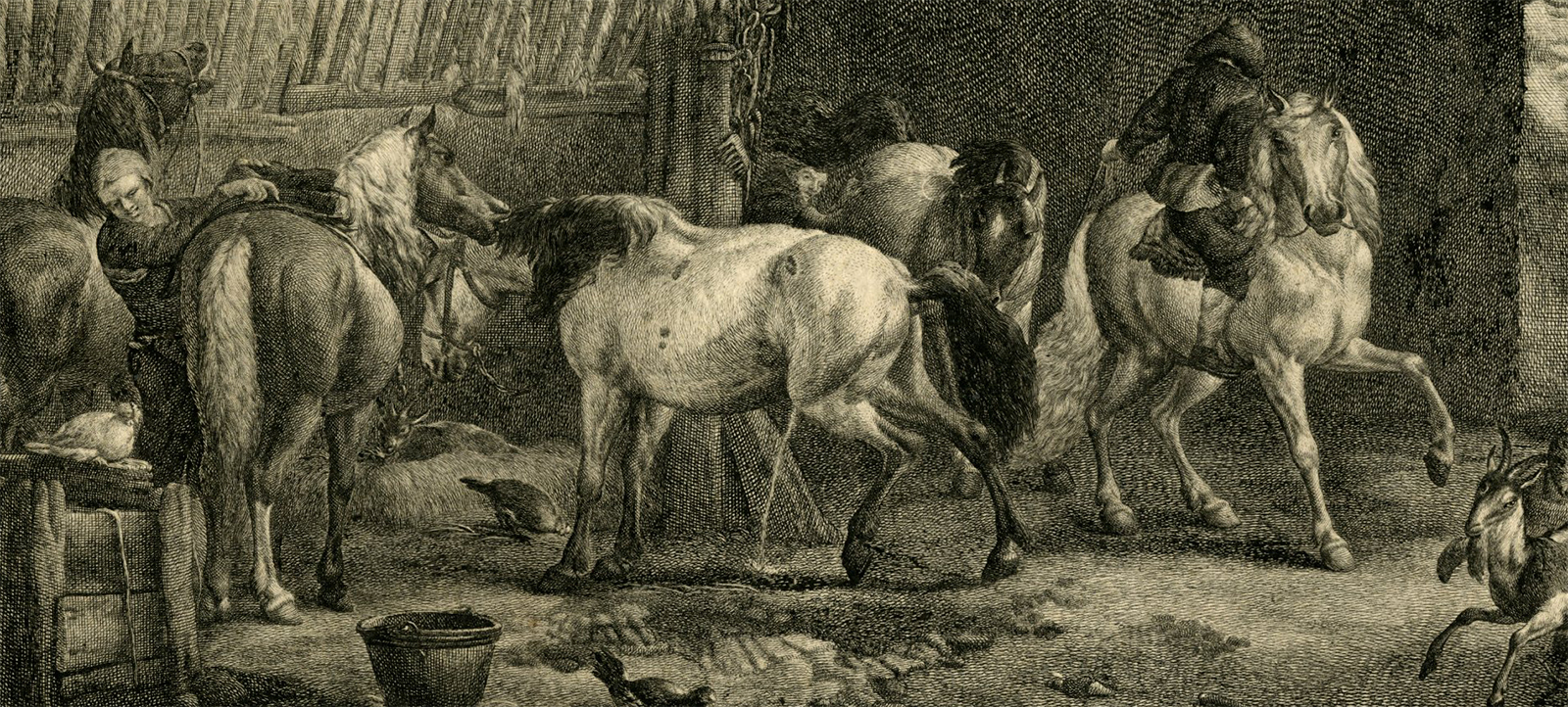 , Antique Master Print-L-ECURIE-DE-LA-POSTE-HORSE STABLE-Moyreau-Wouwerman-1753, Pictura Antique Prints