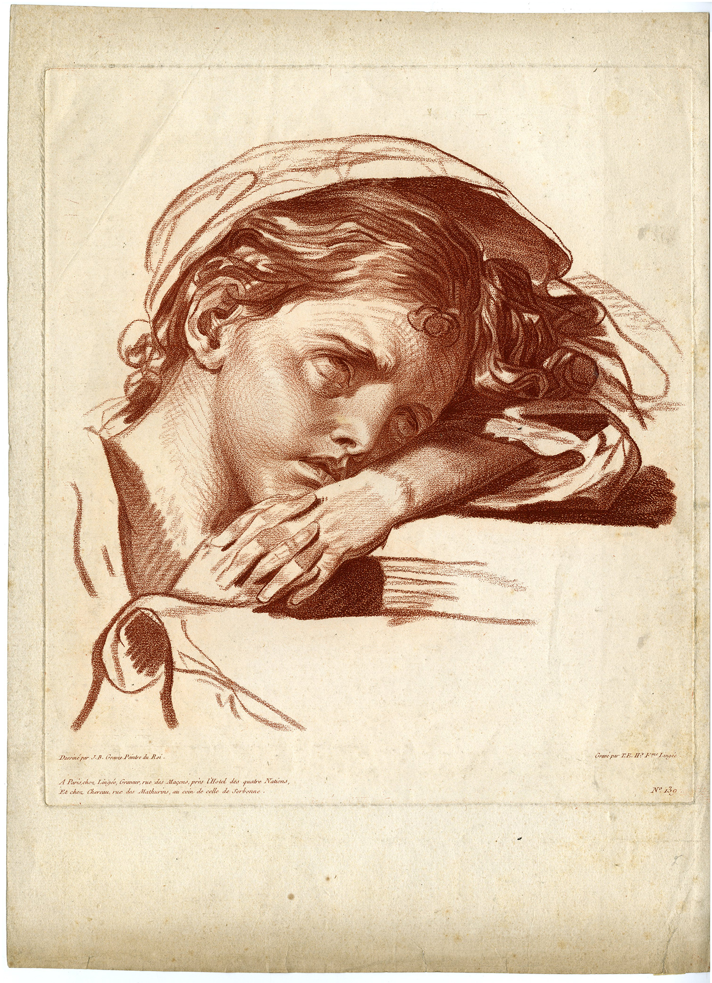 , Antique Master Print-HEAD-STUDY-WOMAN-CRAYON-MANNER-Lingee-Greuze-c.1780, Pictura Antique Prints