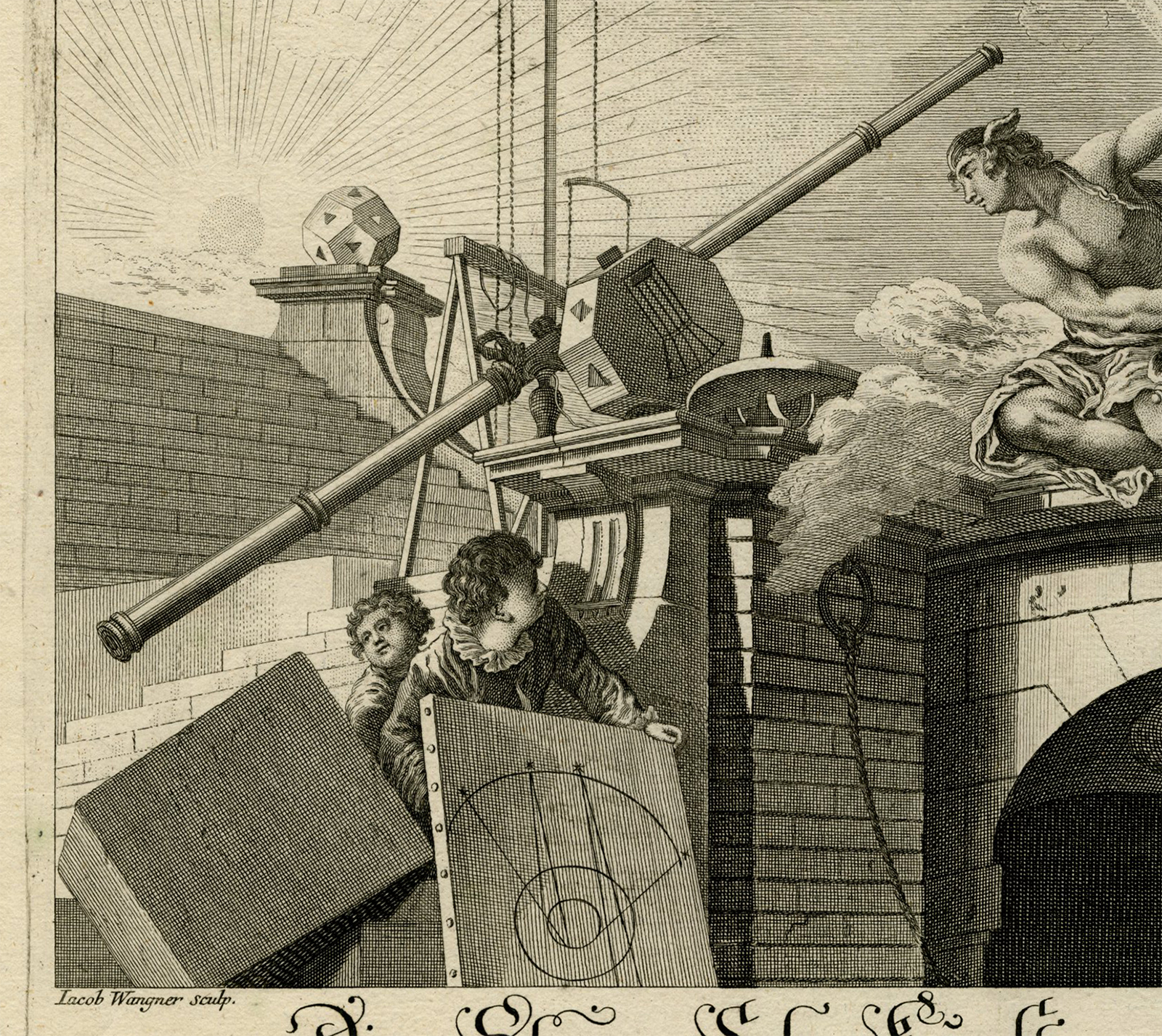 , Antique Master Print-ASTRONOMY-ASTRONOMIE-TELESCOPE-Wagner-Lajoue-c.1750, Pictura Antique Prints