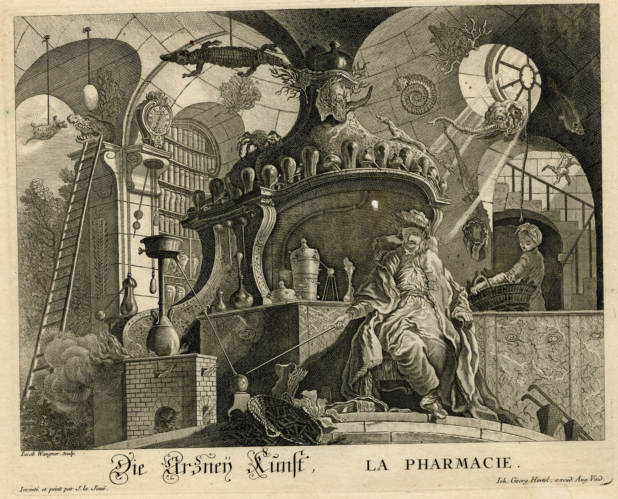 , Antique Master Print-PHARMACY-PHARMACIE-ALCHEMY-CURIOSITY-Wagner-Lajoue-c.1750, Pictura Antique Prints