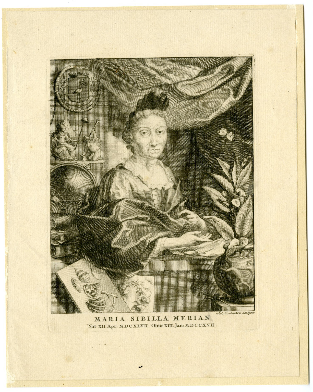 , Antique Master Print-MARIA-SIBYLLA-MERIAN-PORTRAIT-Houbraken-Gsell-1708-1780, Pictura Antique Prints