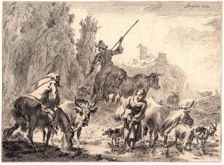 Antique Master Print-BROOK-HORSE-COWS-SHEPARD-Somer-Visscher-Berchem-c.1680