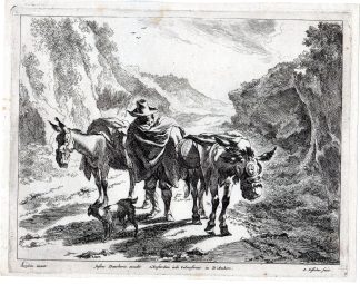 Antique Master Print-ANIMALS-DONKEY-MAN-DOG-LANDSCAPE-Visscher-Berchem-c.1670