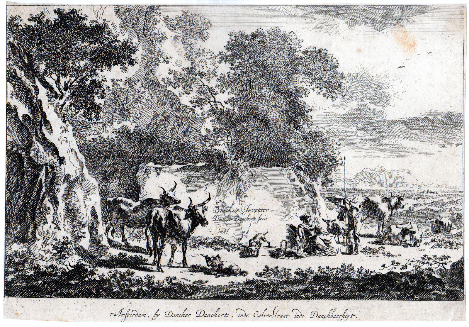 , Antique Master Print-ANIMALS-SHEPARDS-LANDSCAPE-TITLE-Danckerts-Berchem-c.1665, Pictura Antique Prints