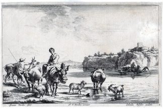Antique Master Print-SHEPARDS-LANDSCAPE-FERRY-RIVER-Visscher-Berchem-c.1670