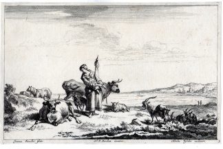 Antique Master Print-SHEPARD-WIFE-LANDSCAPE-COW-SEA-Visscher-Berchem-c.1670