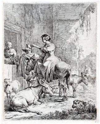 Antique Master Print-PEASANT-WIFE-INN-REST-SHEEP-DONKEYS-Berchem-ca. 1650