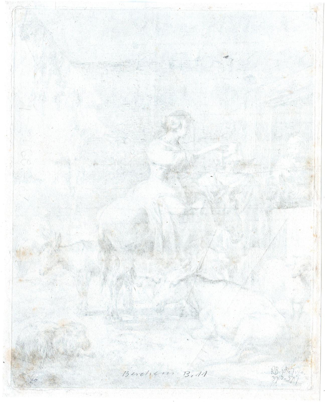 , Antique Master Print-PEASANT-WIFE-INN-REST-SHEEP-DONKEYS-Berchem-ca. 1650, Pictura Antique Prints