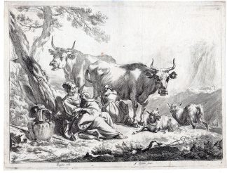 Antique Master Print-PEASANTS-WIFE-BABY-MILKING COW-Visscher-Berchem-c.1670