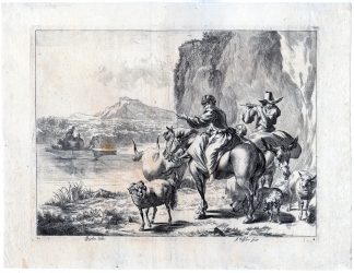 Antique Master Print-SHEPARDS-PLAYING FLUTE-HORSE-FERRY-Visscher-Berchem-c.1670