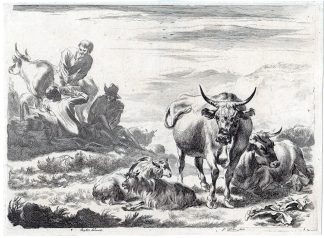 Antique Master Print-SHEPARDS-RESTING-DRINKING-SHEEP-COW-Visscher-Berchem-c.1670