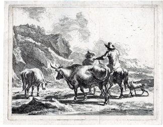 Antique Master Print-PEASANTS DISCUSSING-COWS-MOUNTAINS-Visscher-Berchem-c.1670