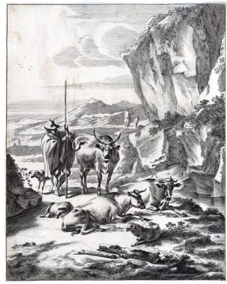 Antique Master Print-PEASANT WITH STICK-COWS-DOG-CLIFF-Visscher-Berchem-ca. 1670