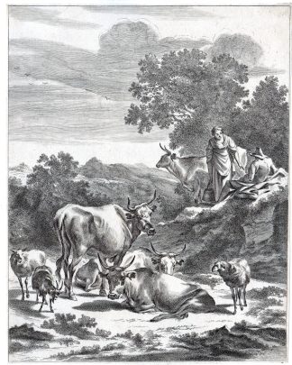 Antique Master Print-PEASANT COUPLE-COWS-SHEEP-LANDSCAPE-Visscher-Berchem-c.1670