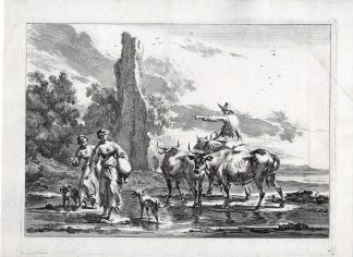 Antique Master Print-SHEPHERD POINTING-COWS-DOGS-ROCK-Visscher-Berchem-ca. 1670