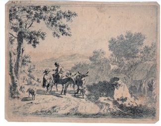 Antique Master Print-SHEPHERDESS-DONKEY-COW-FOREST-Groensveld-Berchem-c.1700