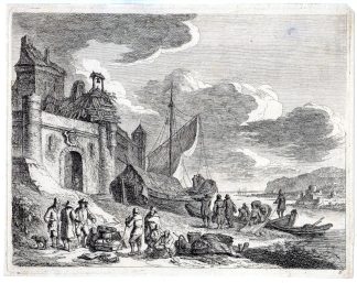 Antique Master Print-RIVER-SEINE-PARIS-FRANCE-BOATS-CITYGATE-Weirotter-c.1755