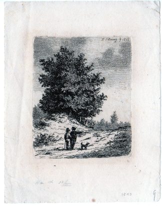 Antique Master Print-LANDSCAPE-SANDROAD-WALKING-PEOPLE-DOG-Linning -1843