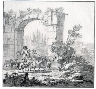 Antique Master Print-LANDSCAPE-HERD-SHEPHERD-GATE-RUIN-Brouwer-van Amstel-c.1769