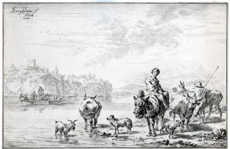 Antique Master Print-SHEPHERD-WOMAN-MULE-FERRY-RIVER-Kornlein-van Amstel-c.1769