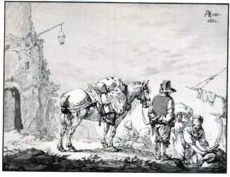 Antique Master Print-TRAVELER-HORSE-WOMEN WASHING-RIVER-Kornlein-van Amstel-1772