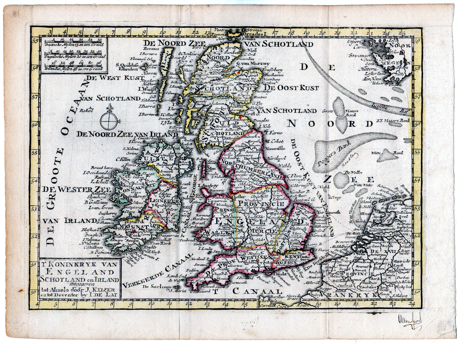 , Antique Map-ENGLAND-SCOTLAND-IRELAND-NETHERLANDS-de Lat-1735, Pictura Antique Prints