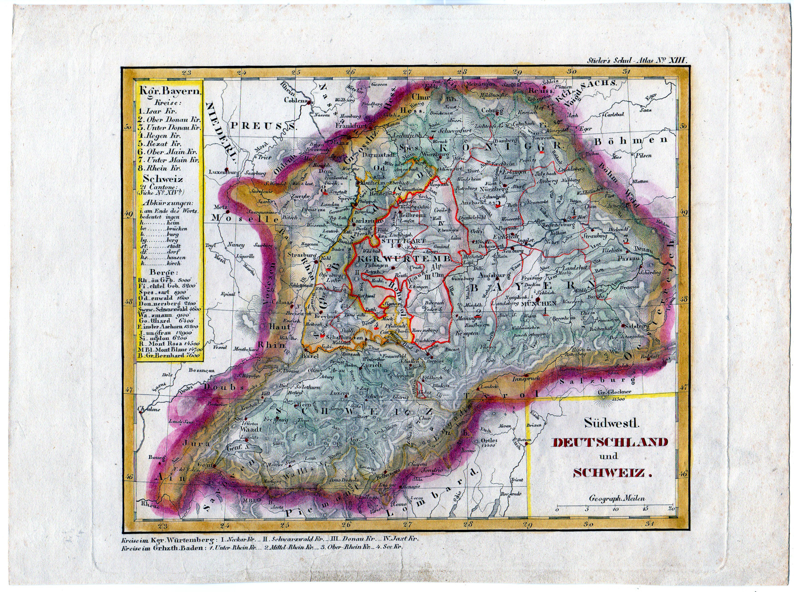 , Antique Map-SWITZERLAND-GERMANY-Perthes and Stieler-1862, Pictura Antique Prints