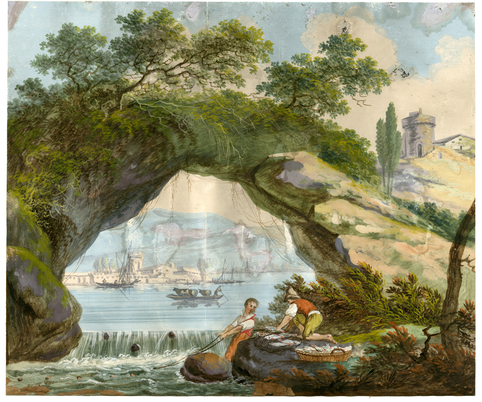 , Antique Drawing-ITALIAN-LANDSCAPE-ROCK-ARCH-FISHERMEN-Anonymous-18th.c., Pictura Antique Prints