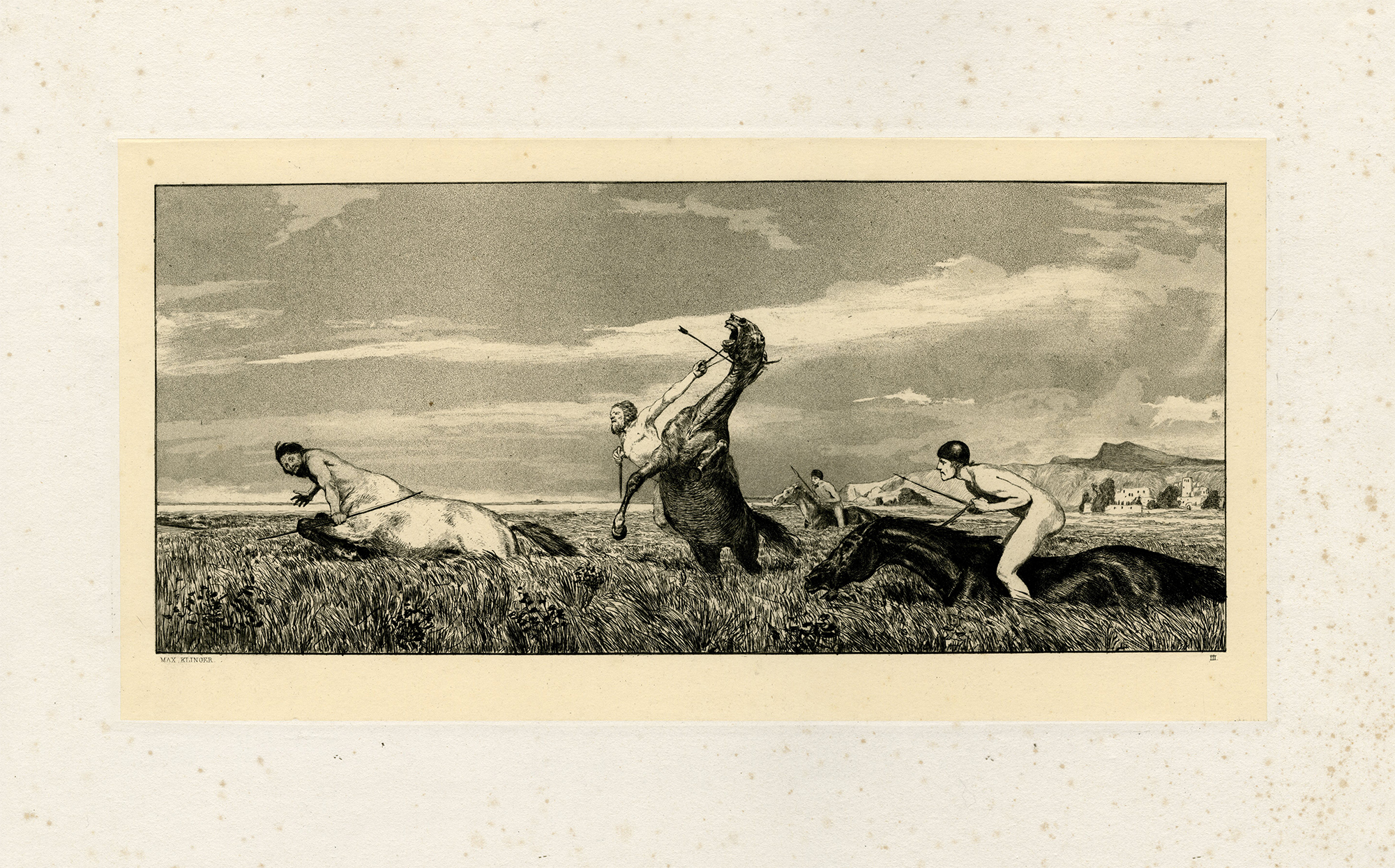 , Antique Master Print-CENTAUR CHASED-NUDE MALES-HORSEBACK-Klinger-1881, Pictura Antique Prints
