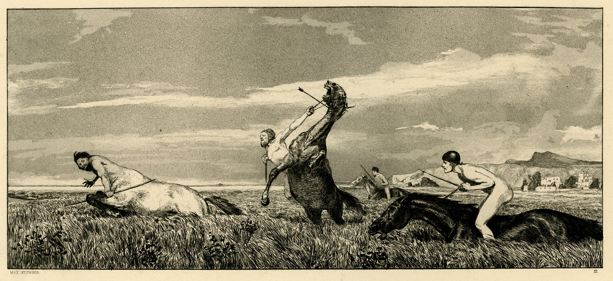 , Antique Master Print-CENTAUR CHASED-NUDE MALES-HORSEBACK-Klinger-1881, Pictura Antique Prints