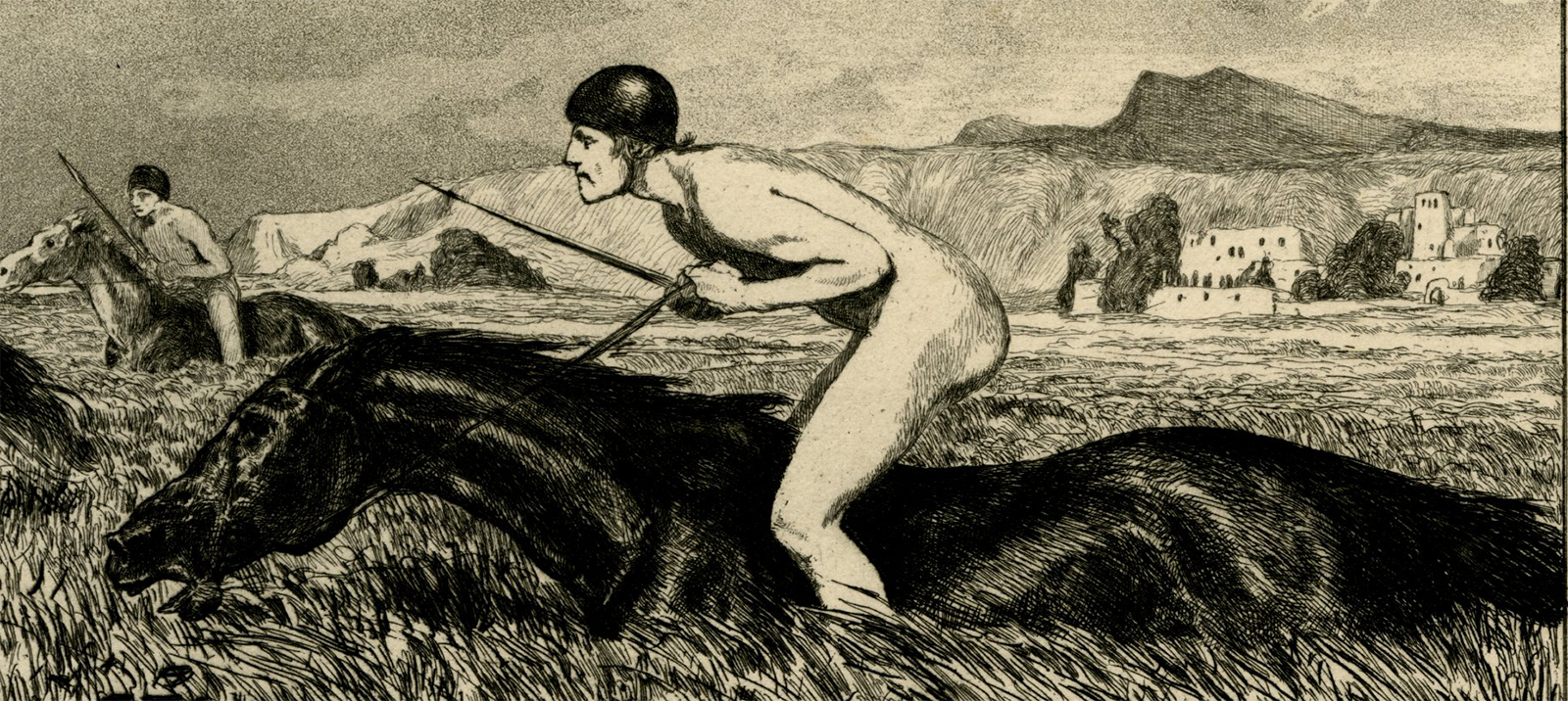 , Antique Master Print-CENTAUR CHASED-NUDE MALES-HORSEBACK-Klinger-1881, Pictura Antique Prints