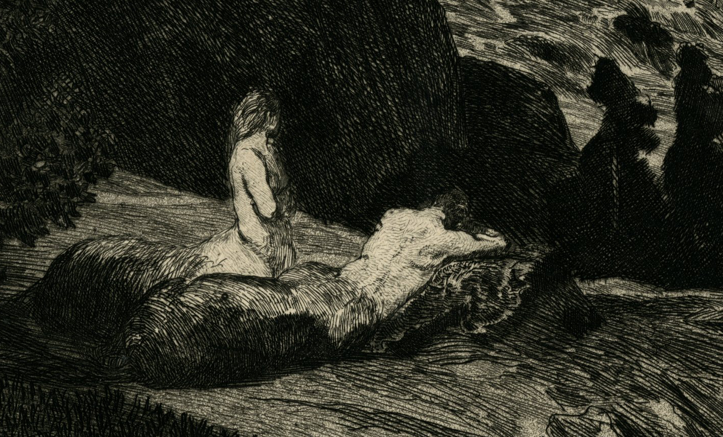 , Antique Master Print-MOONLIT-NIGHT-MOUNTAIN-LANDSCAPE-NUDE-Klinger-1881, Pictura Antique Prints