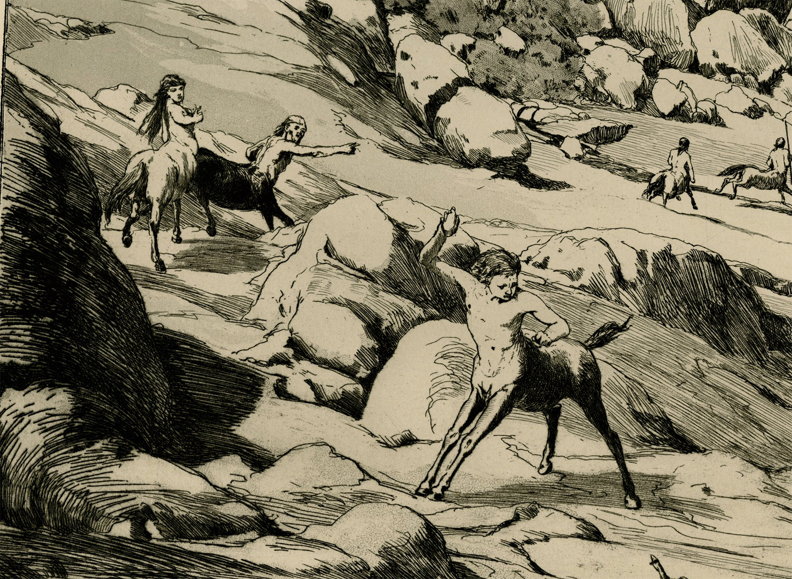 , Antique Master Print-LANDSLIDE-INTERMEZZOS-CENTAURS-Klinger-1881, Pictura Antique Prints