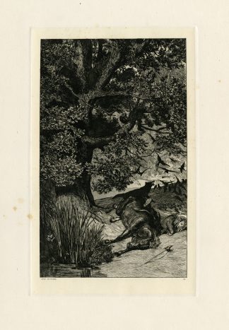 Antique Master Print-FALLEN-RIDER-DEAD-HORSE-FOREST-Klinger-1881