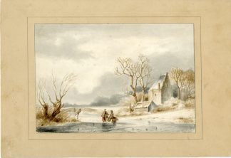 Antique Drawing-DUTCH-WINTER-SKATER-LANDSCAPE-Monogram WIW-19th c.
