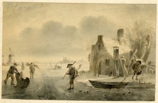 Antique Drawing-WINTER-SCENE-SPAARNE-HAARLEM-Monogram JVBf.-1845