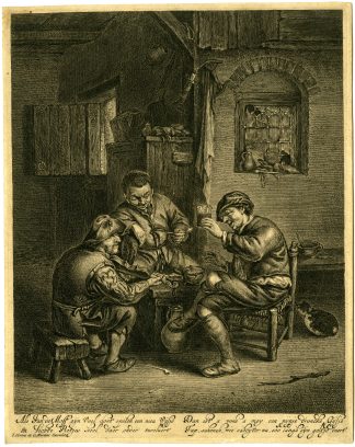 Antique Master Print-THREE-MEN-INN-VIOLIN PLAYER-GENRE-Suyderhoef-Ostade-c. 1725