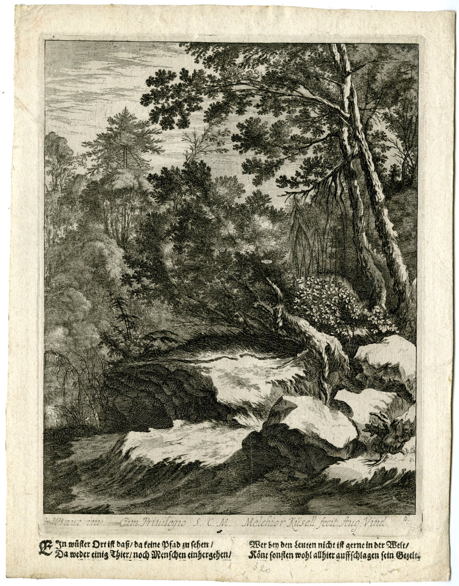 , Antique Master Print-FOREST-LANDSCAPE-ROCKS-STREAM-PL.6-Kuesel-Baur-1670, Pictura Antique Prints