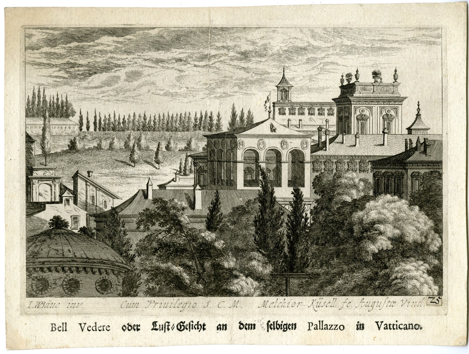 , Antique Master Print-BELVEDERE-VATICAN-ROME-GARDEN-PL.25-Kuesel-Baur-1670, Pictura Antique Prints