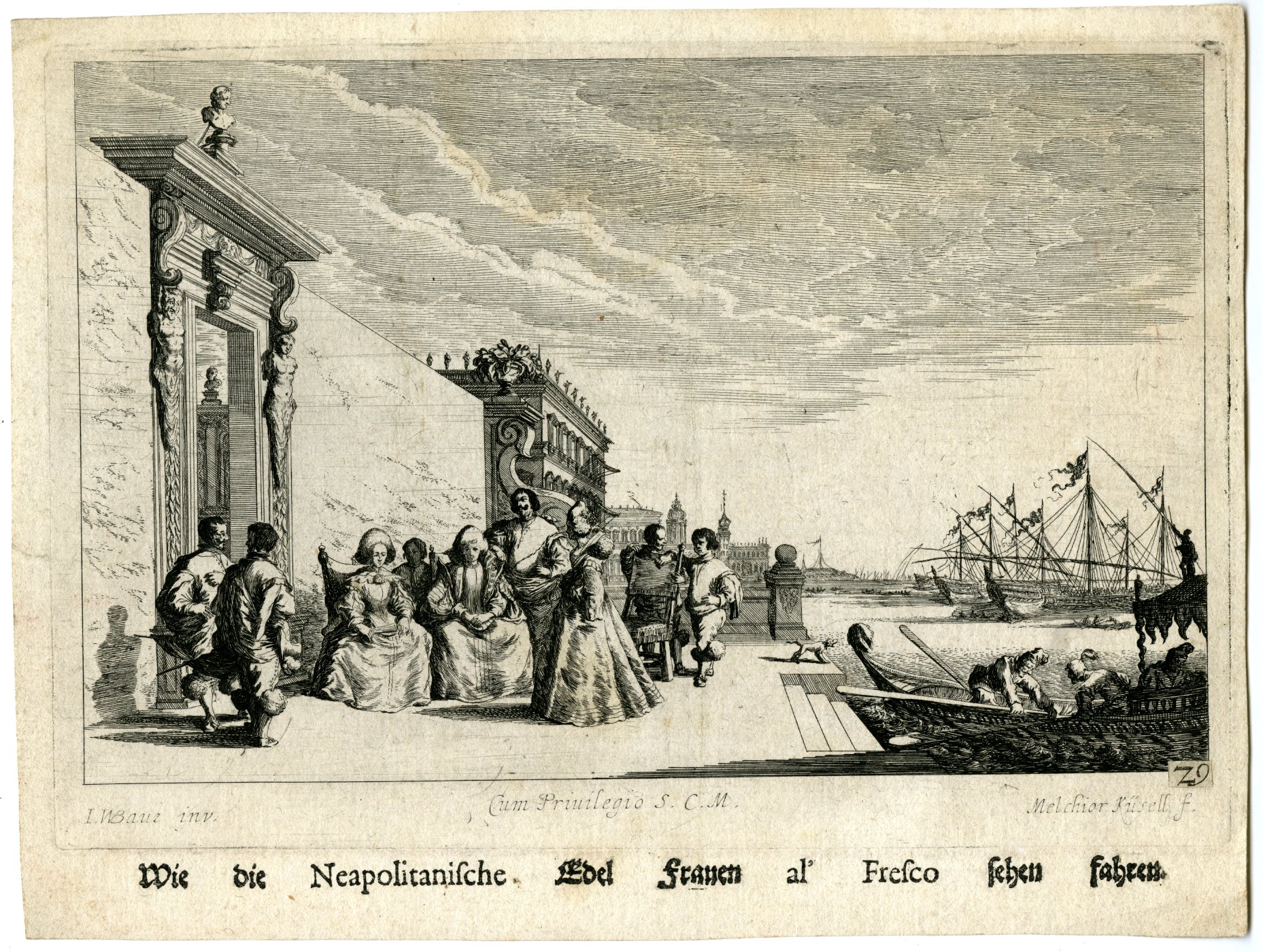 , Antique Master Print-NOBLES WOMEN-NAPLES-HARBOUR-PL.29-Kuesel-Baur-1670, Pictura Antique Prints
