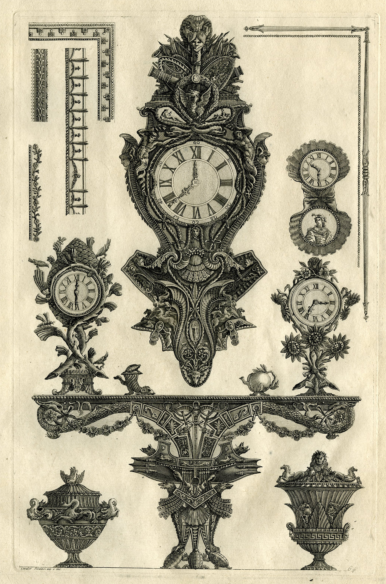 , Antique Master Print-FURNITURE-CLOCK-REZZONICO-NEOCLASSICAL-PL.64-Piranesi-1769, Pictura Antique Prints