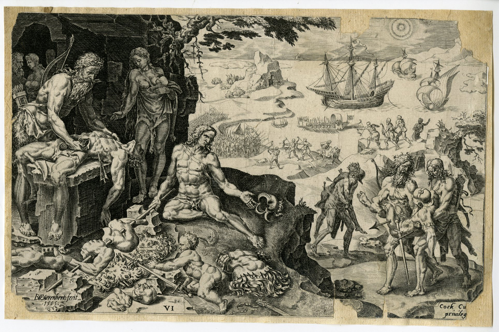 , Rare-Antique Master Print-CANNIBALISM-INDIANS-CHARLES-V-AMERICAS-Coornhert-1555, Pictura Antique Prints