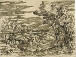 Antique Master Print-MOUNTAINOUS-RIVER-LANDSCAPE-HORSEMAN-Lefebvre-1680