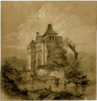 Antique Drawing-PICTURESQUE-CASTLE-RIVER-LANDSCAPE-Ooster-1862