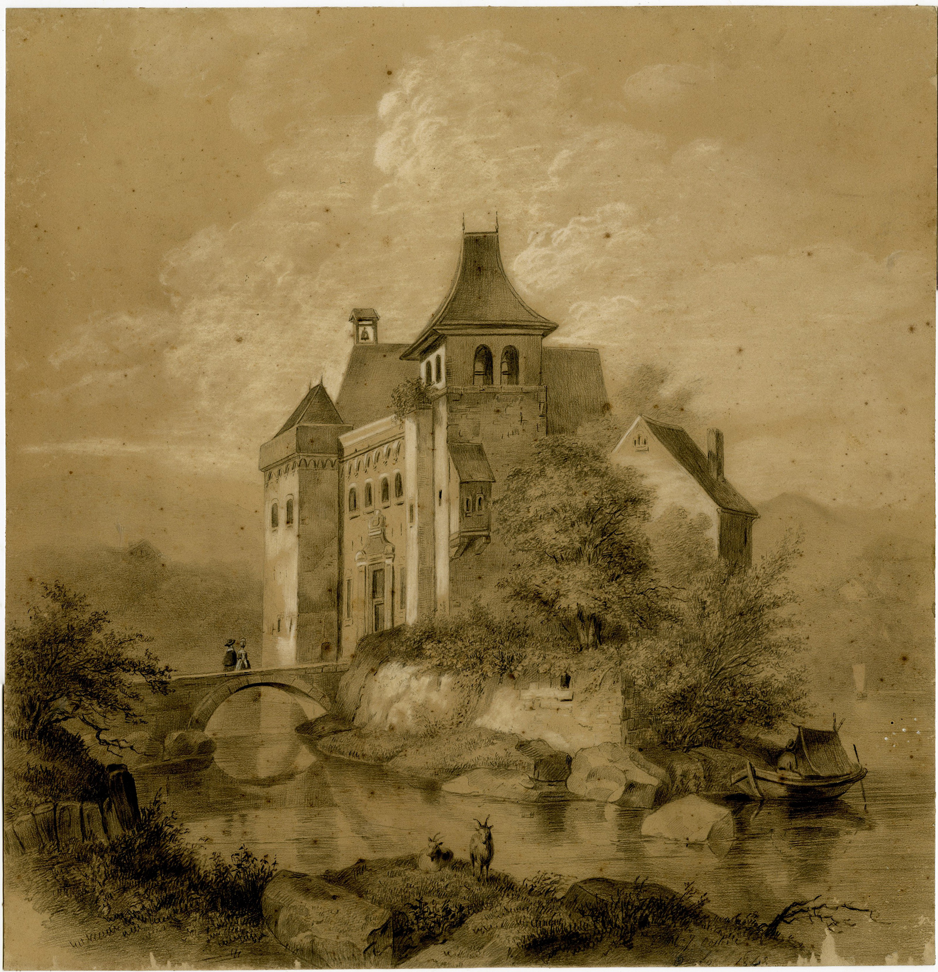 , Antique Drawing-PICTURESQUE-CASTLE-RIVER-LANDSCAPE-Ooster-1862, Pictura Antique Prints