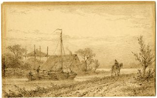 Antique Drawing-RIVER-LANDSCAPE-HORSE DRAWN BARGE-Hilverdink-1893
